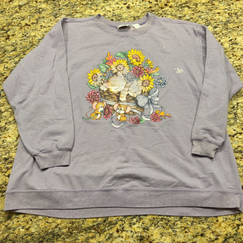 Vintage Basic Editions Plus Lavender Cat Sunflower Waffle Knit Sweatshirt XL